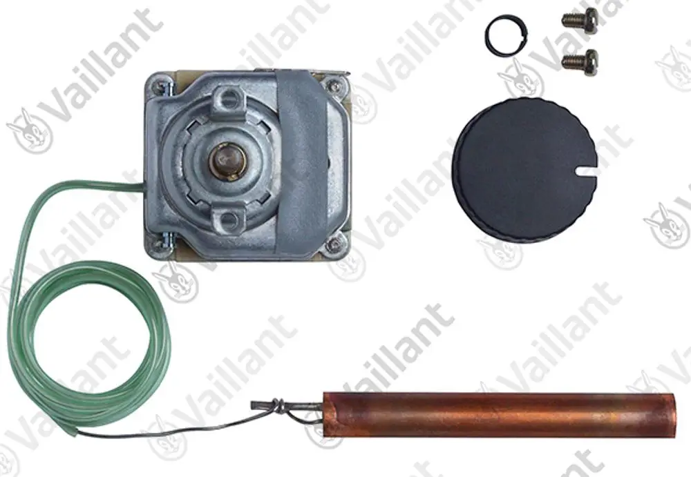 Vaillant Temperaturregler mit elektromagnetischem Antrieb, Kupferrohr und Anschlusskabel, sowie Abdeckplatte und Befestigungsschrauben.